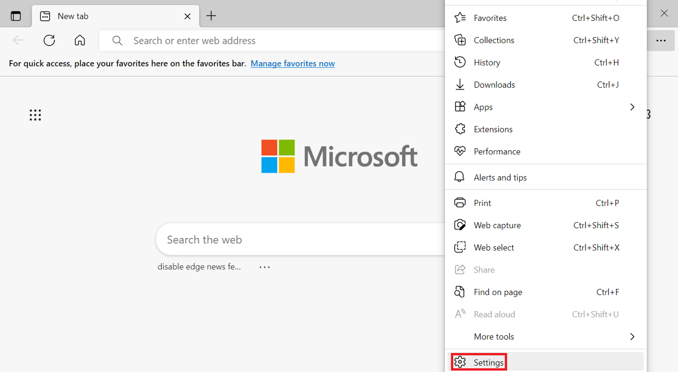 The Settings menu in Microsoft Edge