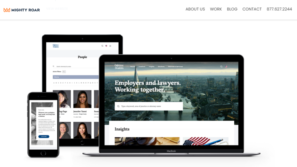 Previews of Ogletree Deakin's website on a desktop computer and mobile devices