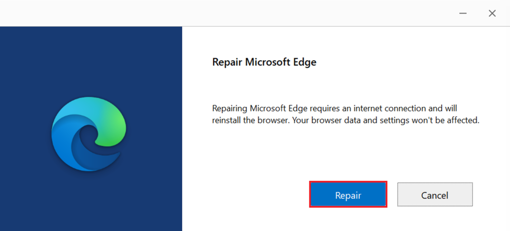 The Repair button on the Repair Microsoft Edge window