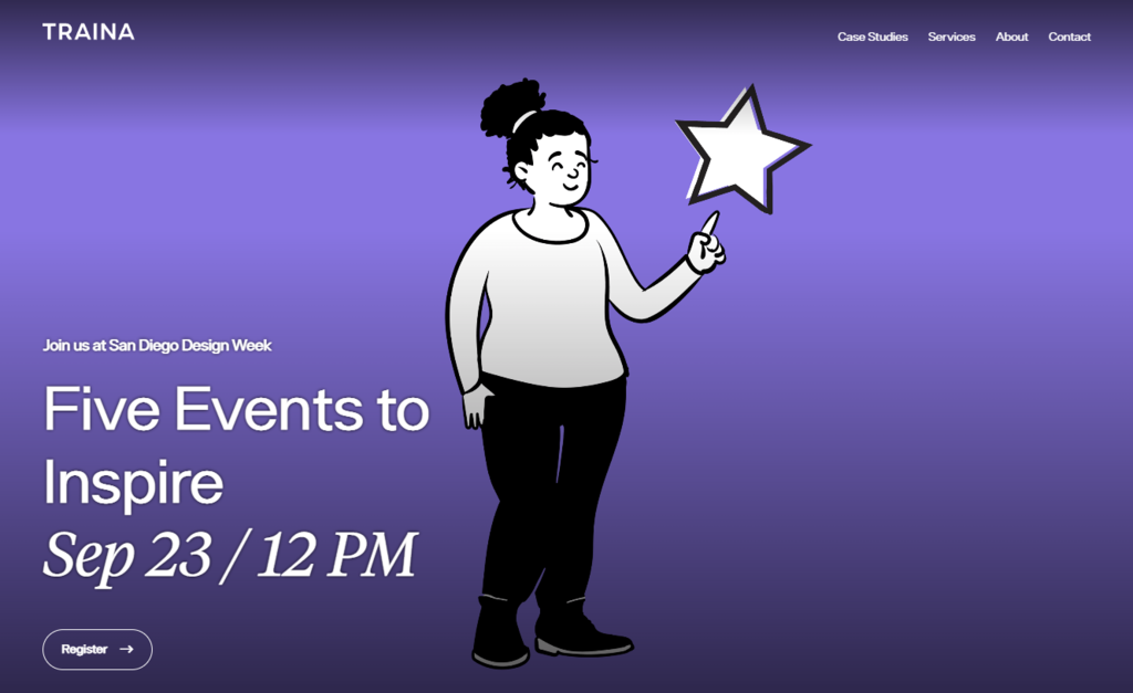 The homepage of Traina, an independent branding and web design agency