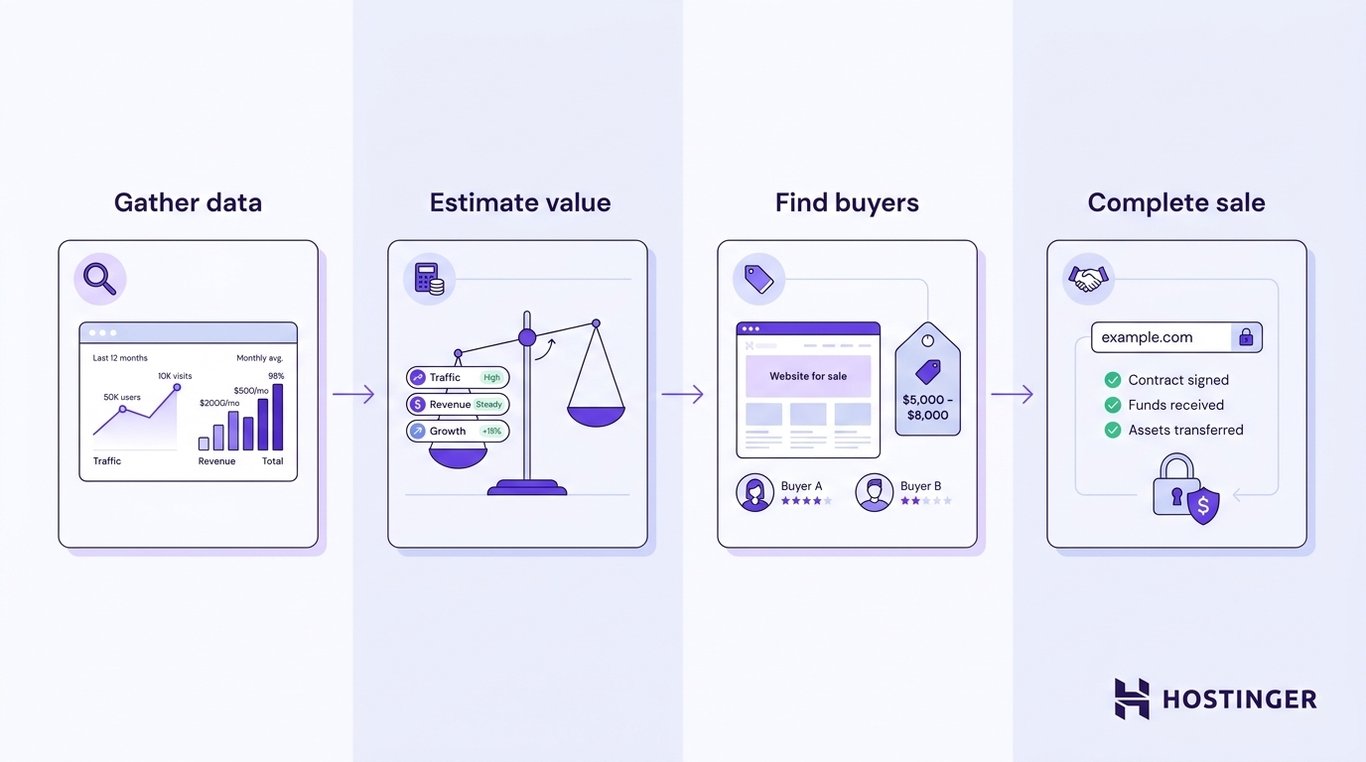 Four-stage workflow illustrating the process of selling a website: gathering performance data, estimating value, finding buyers, and completing a secure transfer.