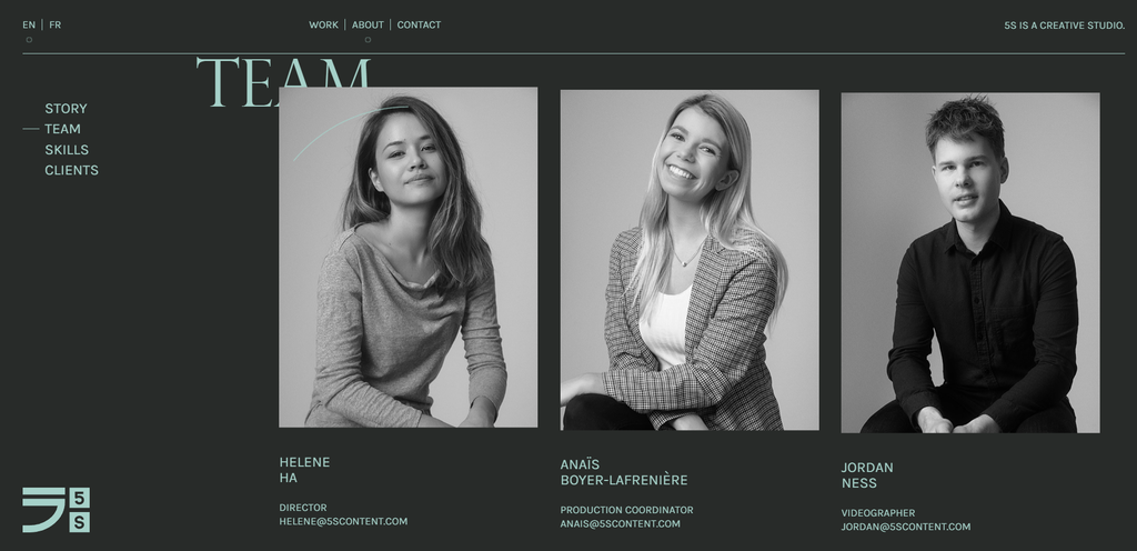 5S's web page displaying their team members' photos and profiles