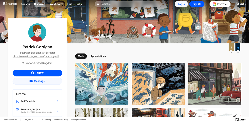 A designer's profile on Behance showing their personal information and portfolio