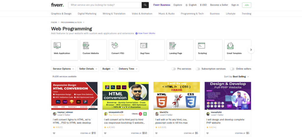 A section in Fiverr that promotes freelance web development and programming services.