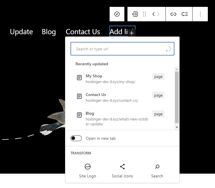 The add new menu item popup in Site Editor