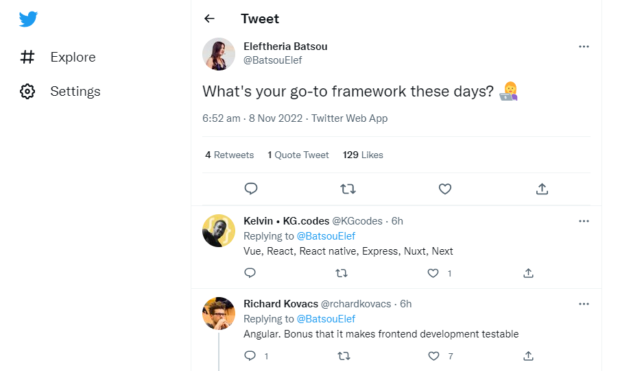An example of Eleftheria Batsou conducting customer research on Twitter
