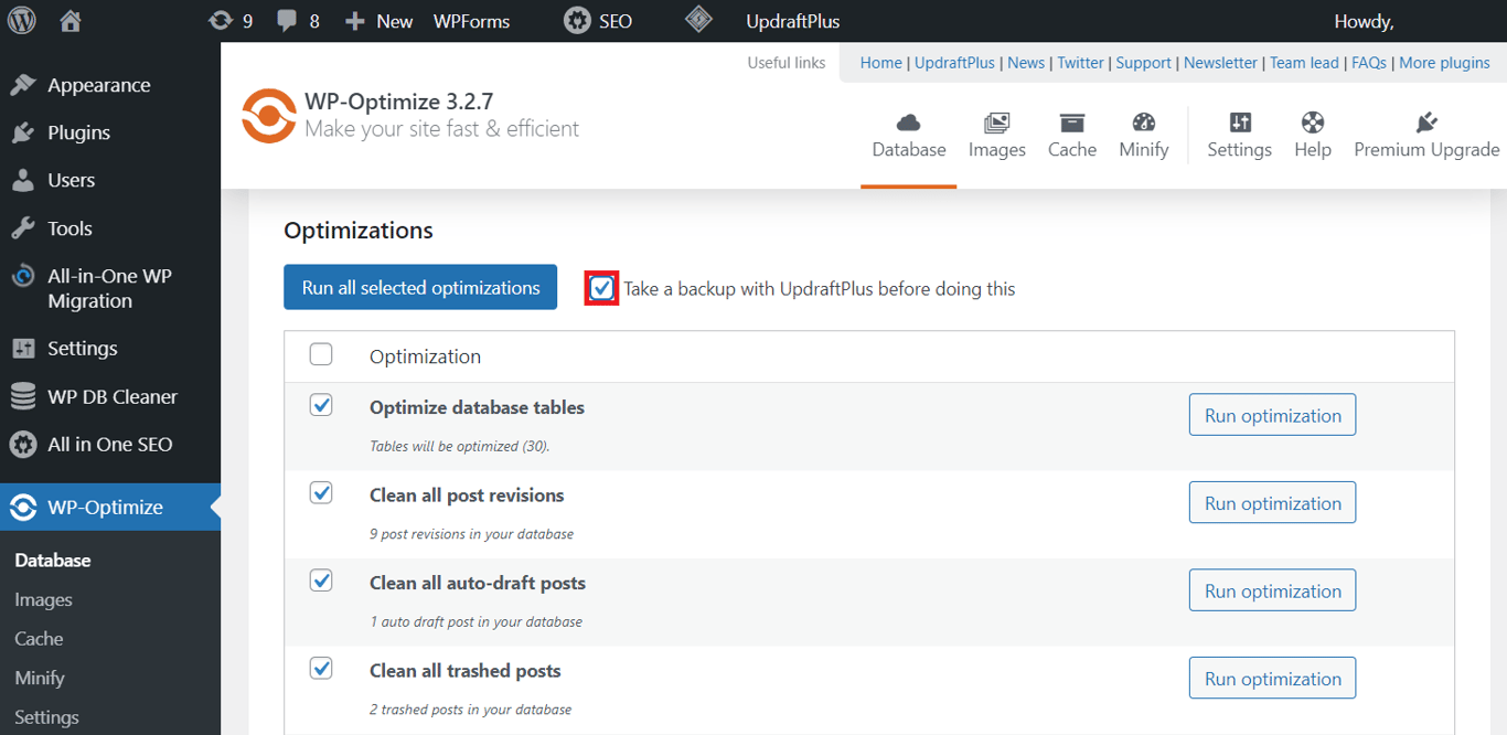 Backup creation menu in WP-Optimize