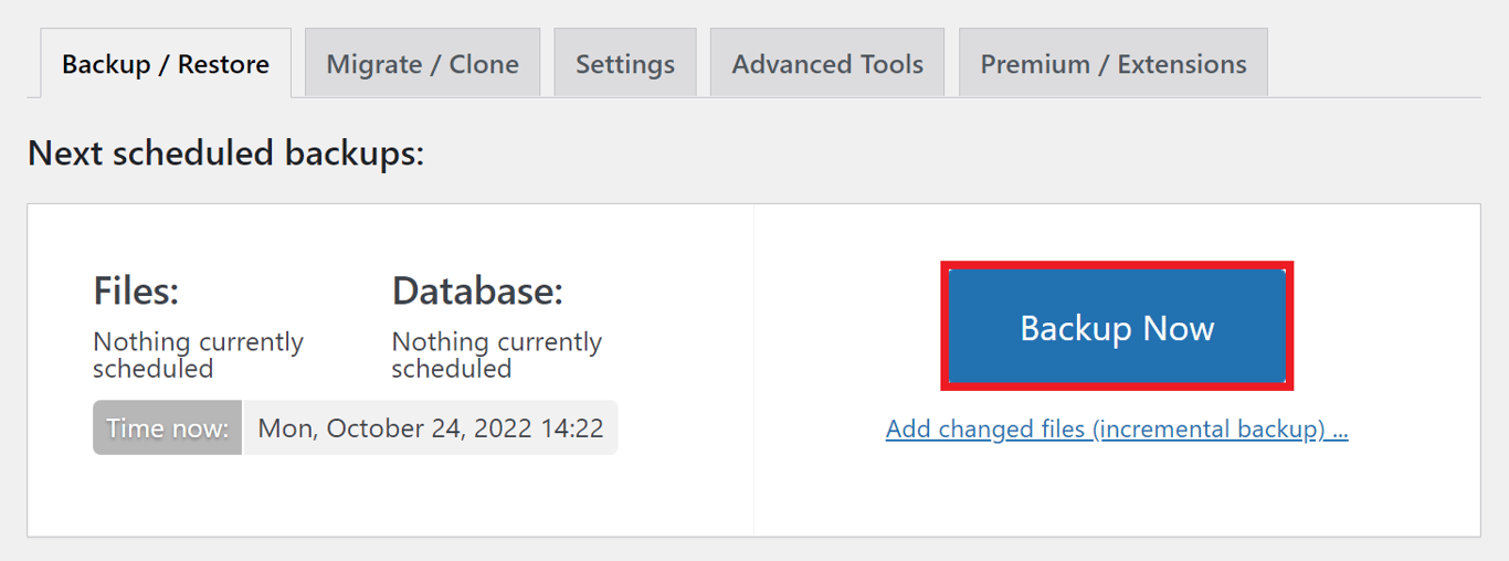 Backup/Restore menu of the UpdraftPlus plugin, highlighting the "Backup Now" button.