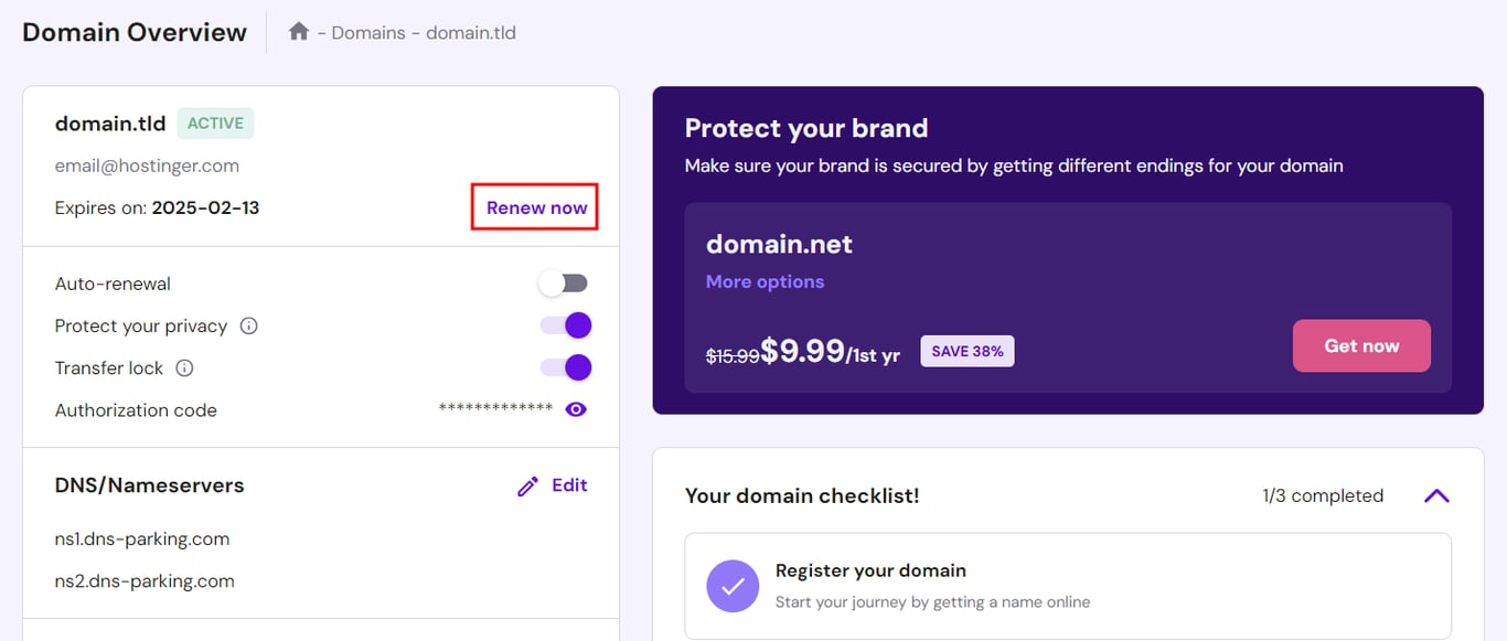Domain overview page with Renew now highlighted in hPanel