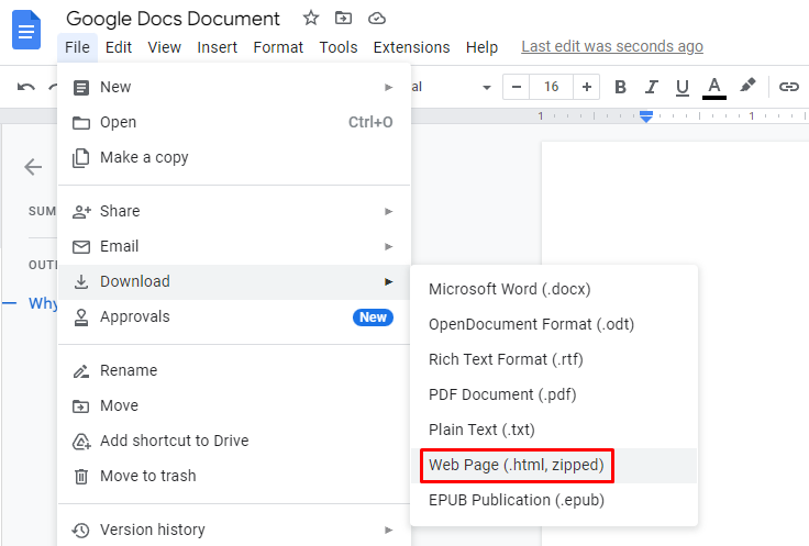 Downloading the Google Docs file from the File menu