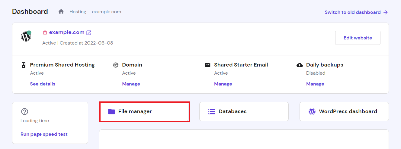 File Manager menu on hPanel
