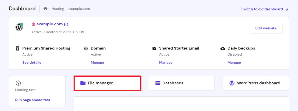 File Manager menu on hPanel