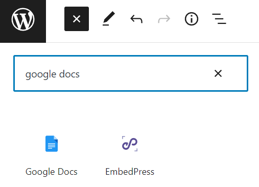Inserting the Google Docs block using the block inserter