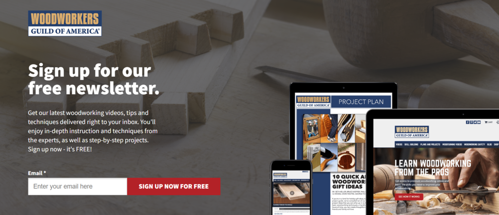 Landing page of WoodWorkers Guild of America, encouraging users to sign up for their newsletter.