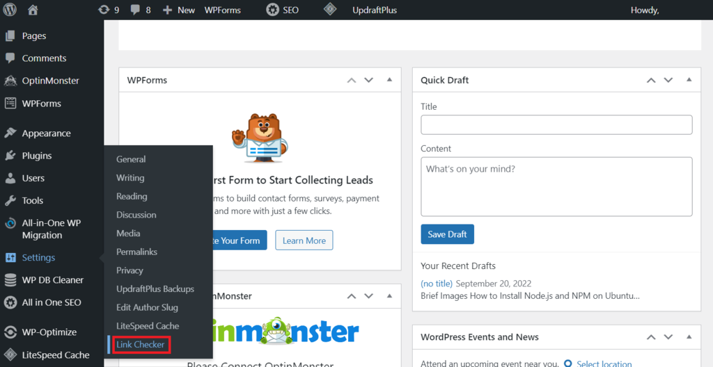 Link checker menu on the WordPress sidebar