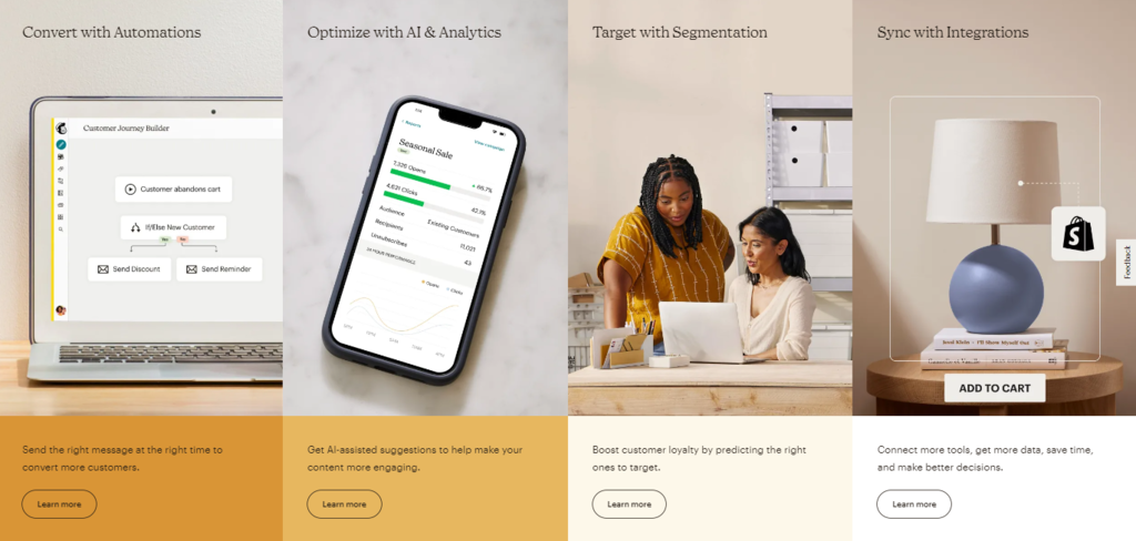 Mailchimp's features section on the official landing page