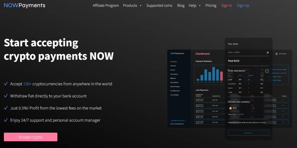 NOWPayments' official website, displaying "Start accepting crypto payments NOW"