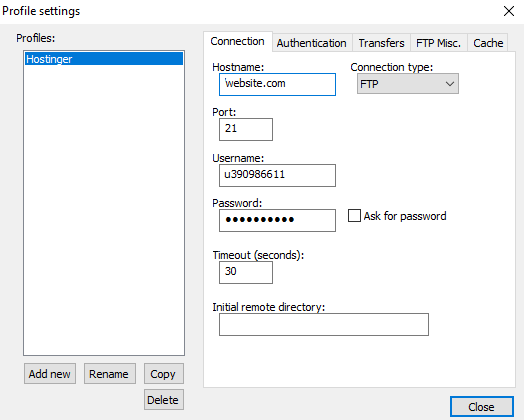 Profile settings window on Notepad++, showing the Connection tab