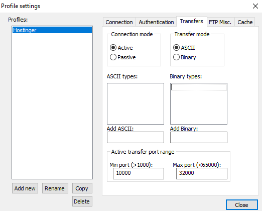 Profile settings window on Notepad++, showing the Transfer tab