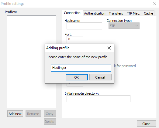Profile settings window showing the Adding profile pop-up to enter the new profile name