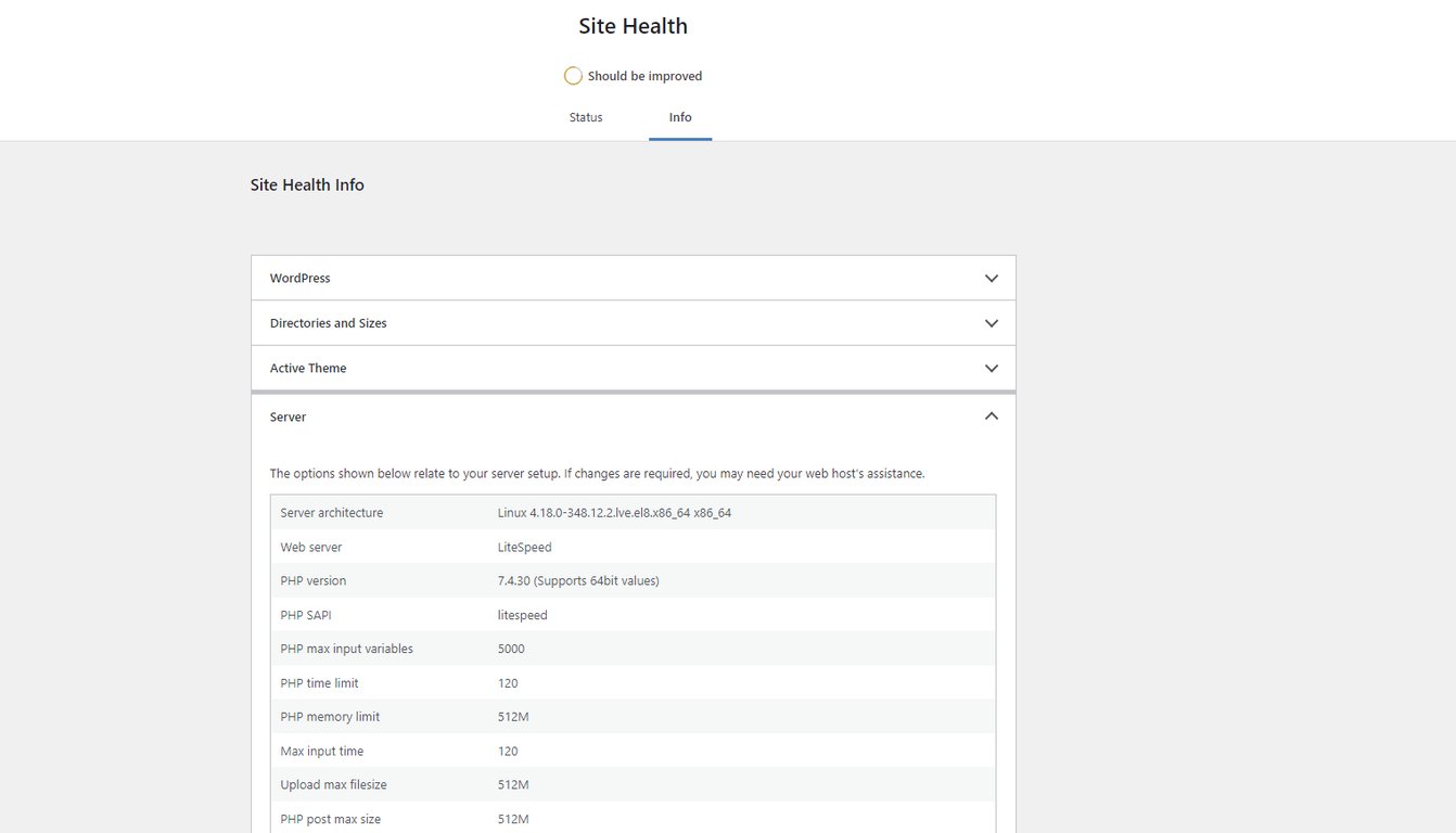 Server information section on WordPress dashboard
