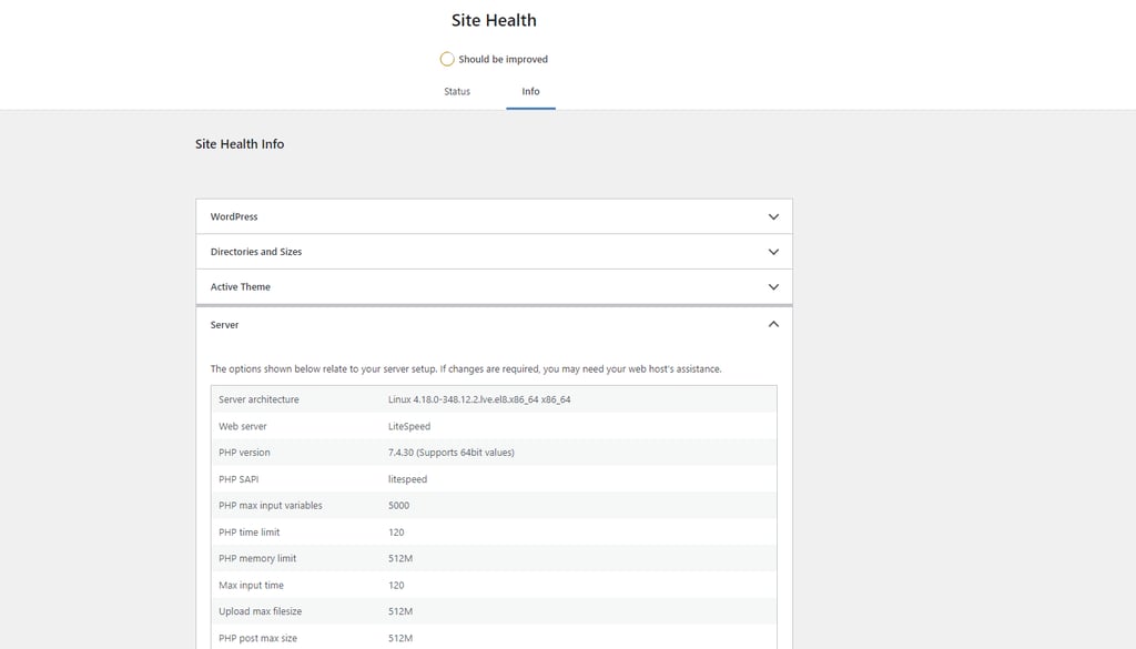 Server information section on WordPress dashboard