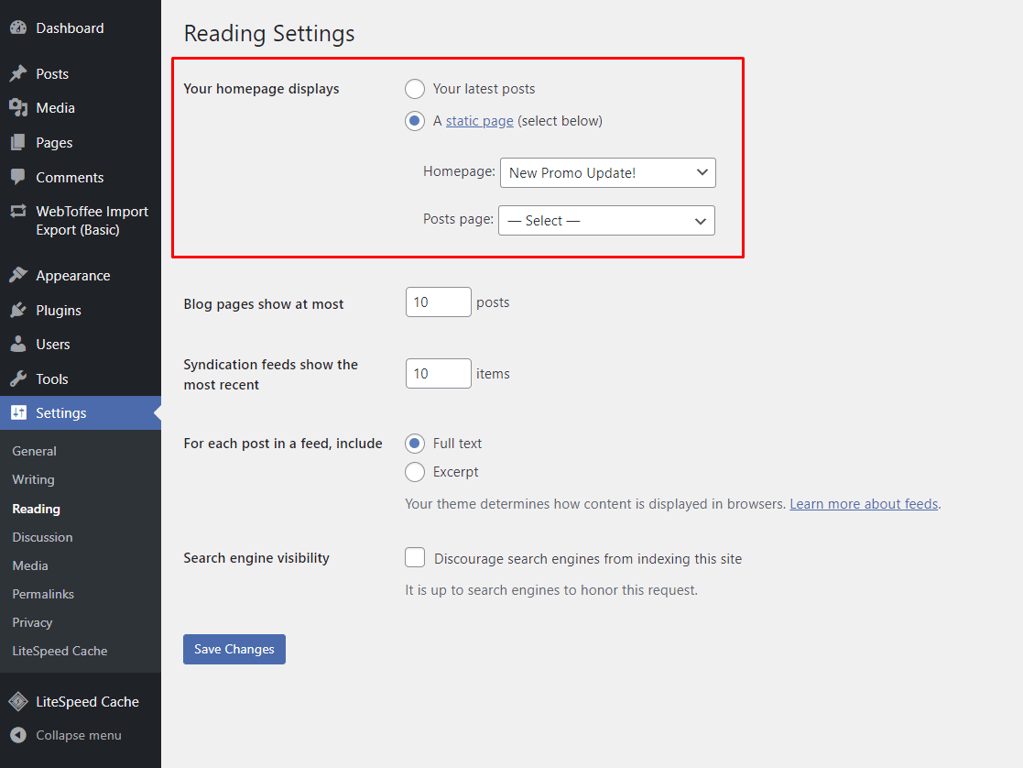 Setting up a new static homepage in WordPress