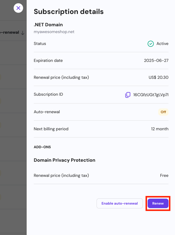 Subscription details popup with Renew button highlighted
