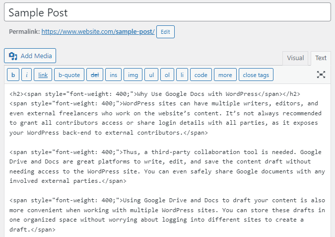 Text view in the WordPress classic editor, showing the HTML tags of the draft