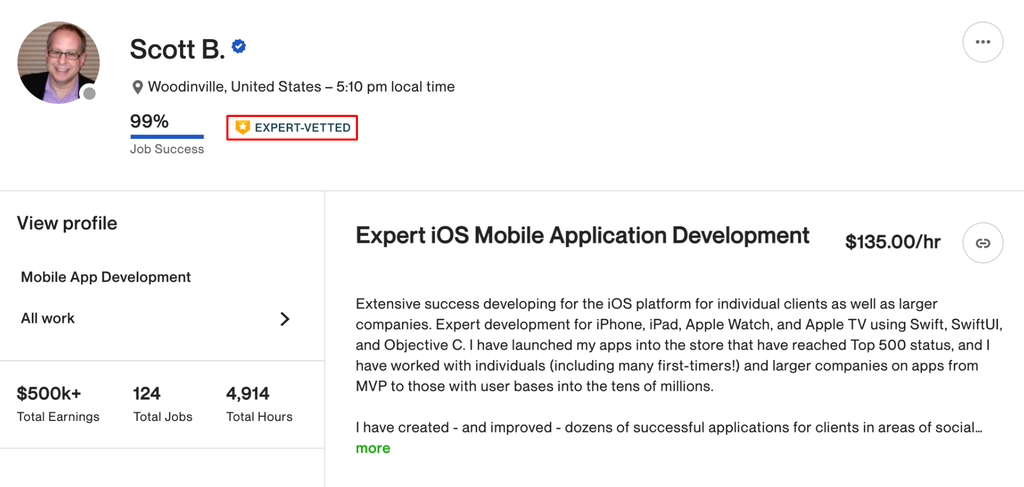 The Expert-Vetted badge on a Upwork freelancer's profile