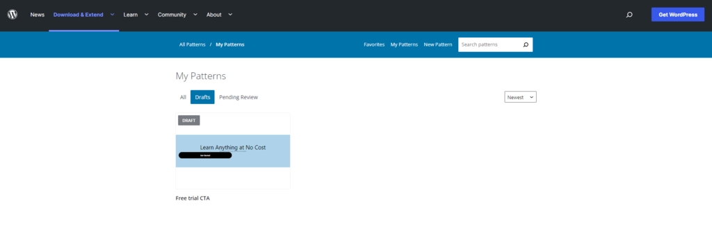 The My Patterns page on the Pattern library