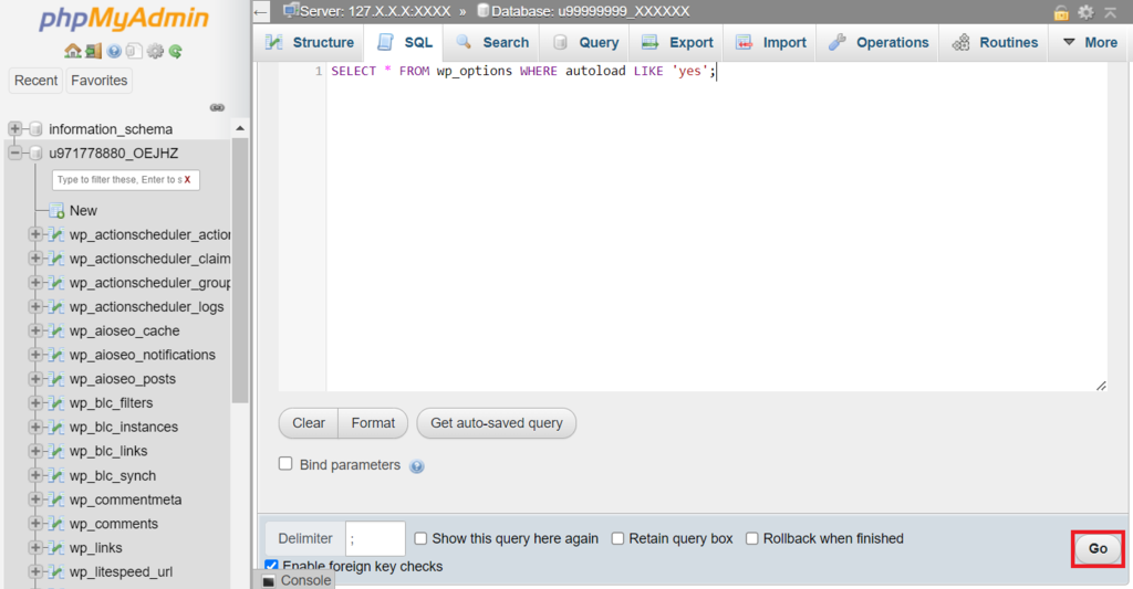 The SQL command execution button in phpMyAdmin