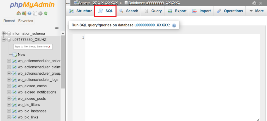 The SQL tab in phpMyAdmin