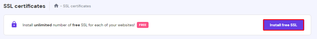 The SSL certificates menu on hPanel, highlighting the Install free SSL button