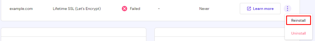 The SSL menu on hPanel with the Reinstall option selected