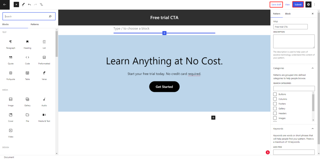 The Save draft and Submit buttons at upper right corner of the Pattern depository's block editor