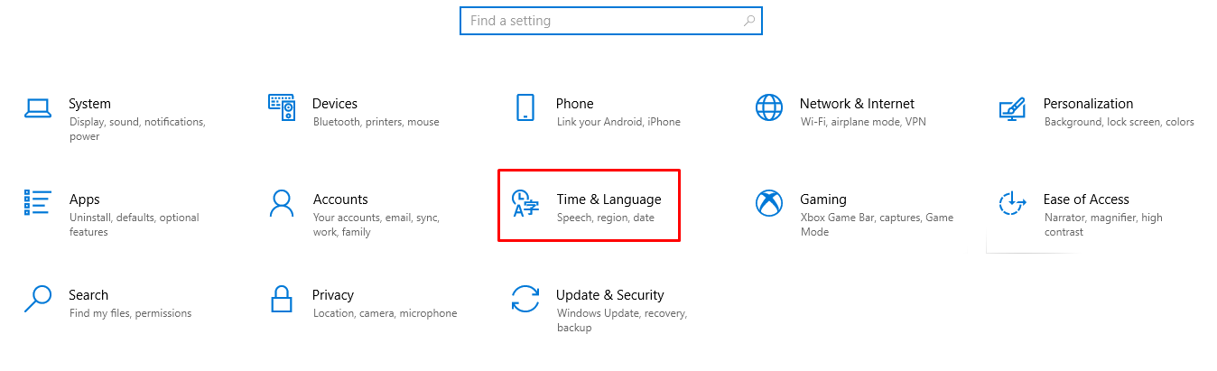 The Time & Language option on Windows' settings menu
