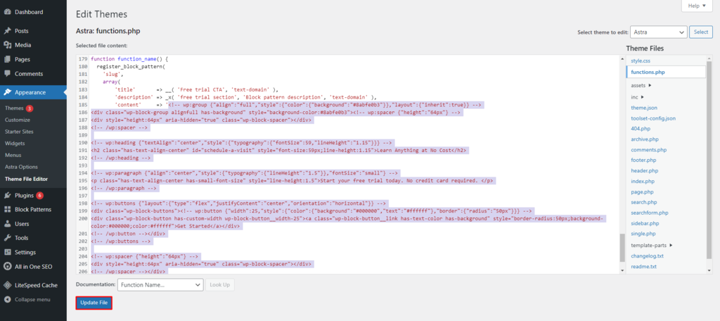 The Update File button in the functions.php file and a block of code for creating a custom pattern

