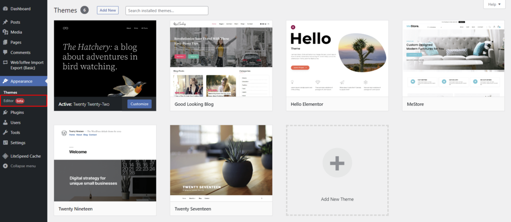 The beta version of Site Editor is located within the Appearance menu