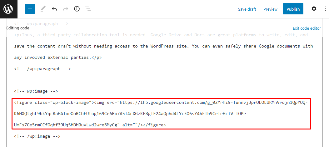 The code editor in WordPress, highlighting the Google image source