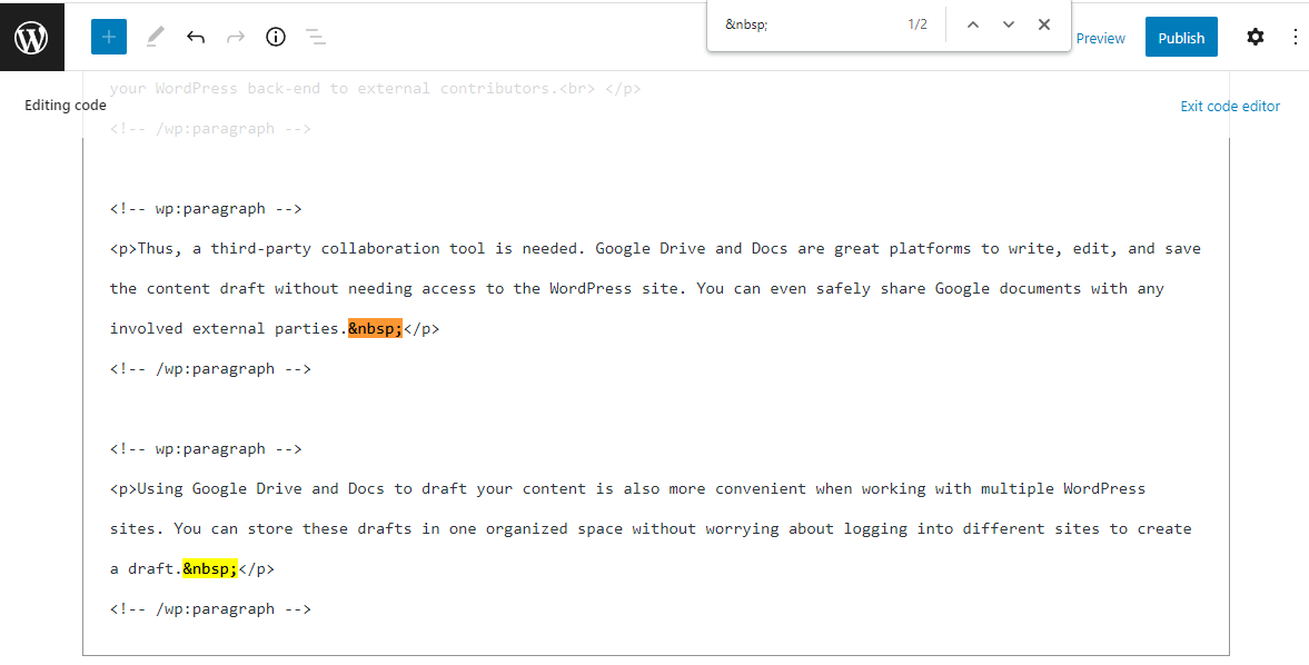The code editor in the WordPress block editor, showing the non-breaking space tags in the draft