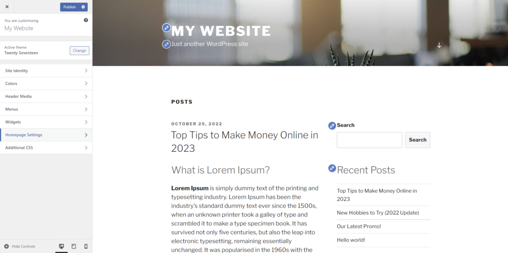 The different customizations tools provided in the Theme Customizer