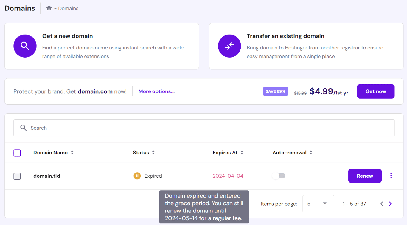 Tooltip explaining a domain has entered the grace period in hPanel