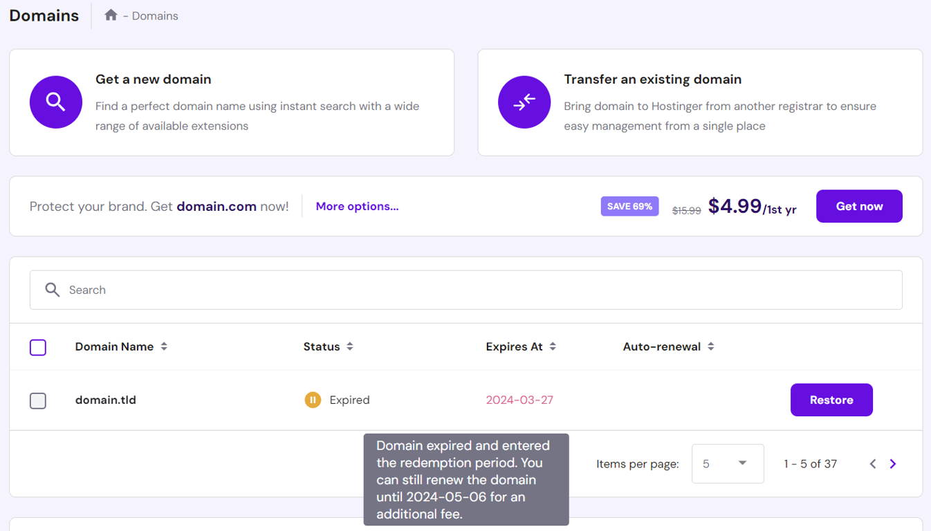 Tooltip explaining a domain has entered the redemption period in hPanel