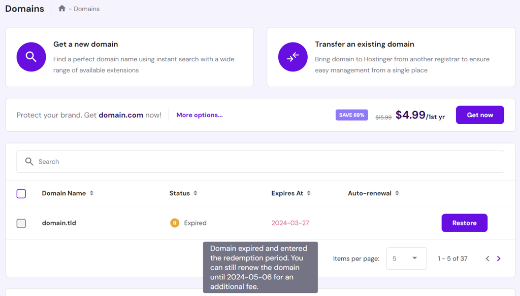 Tooltip explaining a domain has entered the redemption period in hPanel