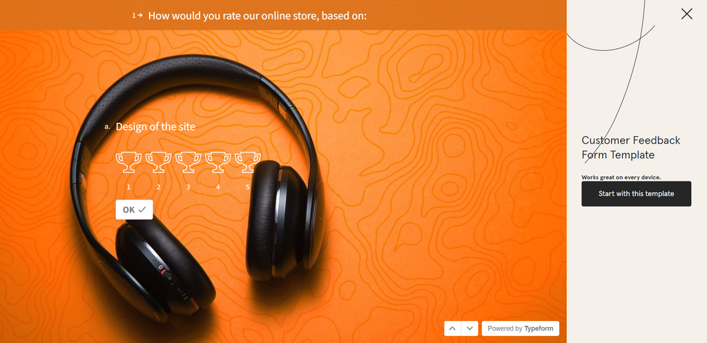 Typeform's customer feedback form template showing a question and ratings on the left side