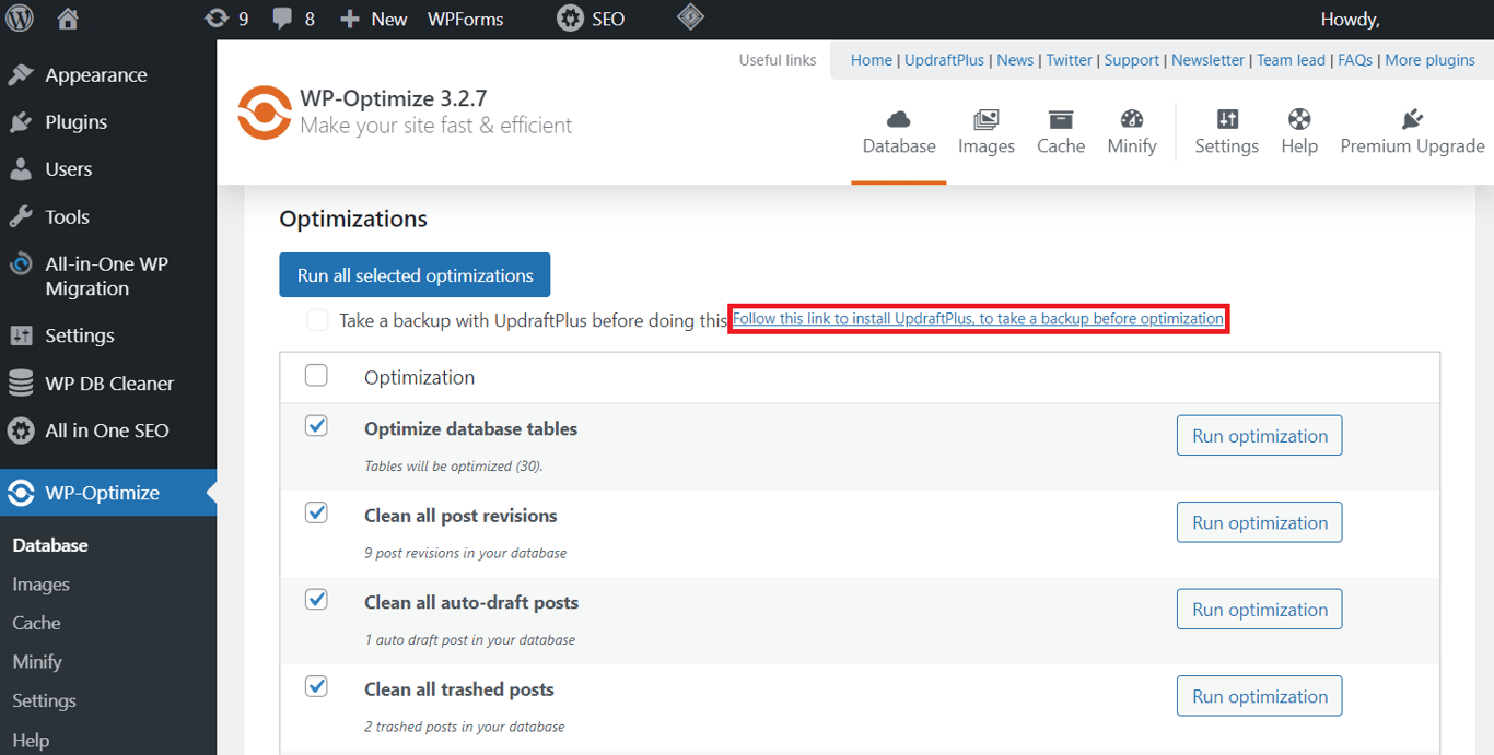UpdraftPlus installation menu on the WP-Optimize plugin screen