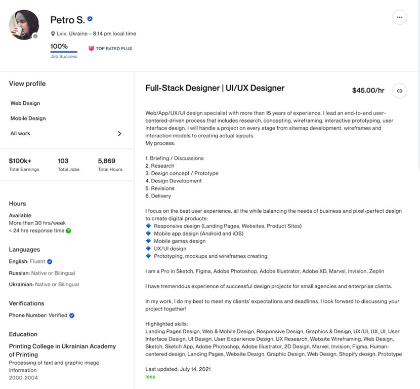 Upwork profile consisting of a freelancer's profile, including a photo profile, specific skills, education, and summary
