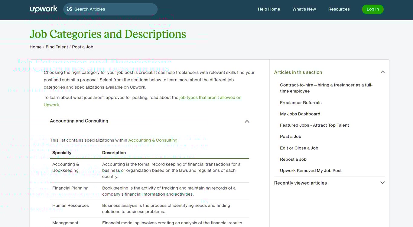 Upwork's job categories