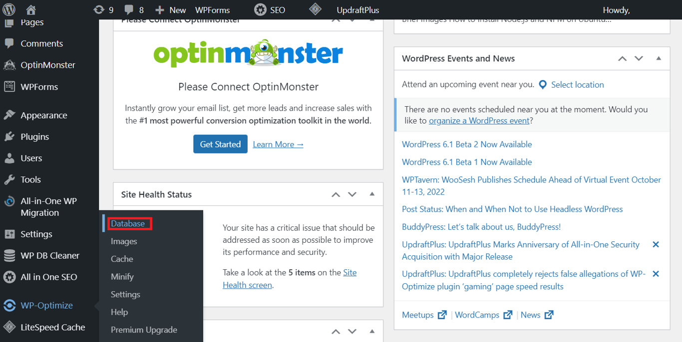 WP-Optimize plugin's database menu on the WordPress sidebar